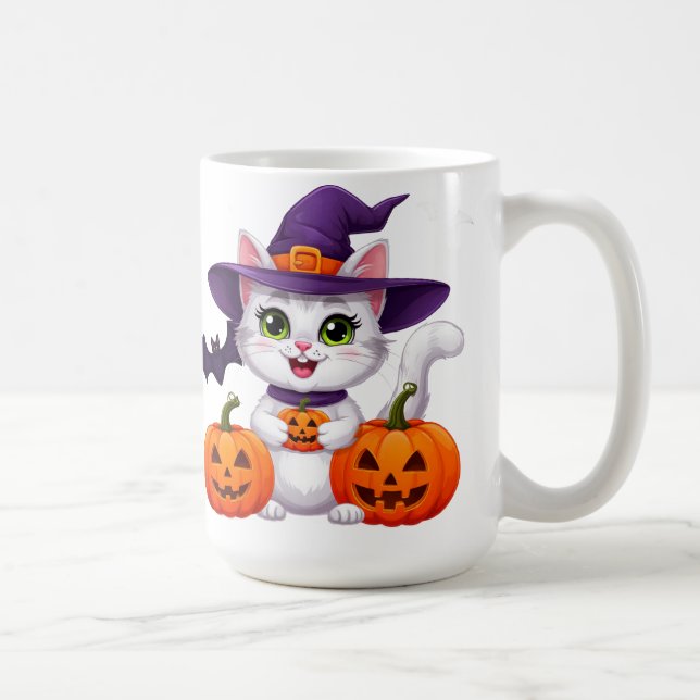 Caneca De Café Gatinho Branco Fofinho Abóbora Bruxa Chapéu de Hal (Direita)