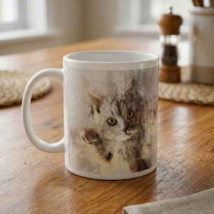Caneca De Café Gatinho Brincalhão em Aquarela com Olhos Amarelos 