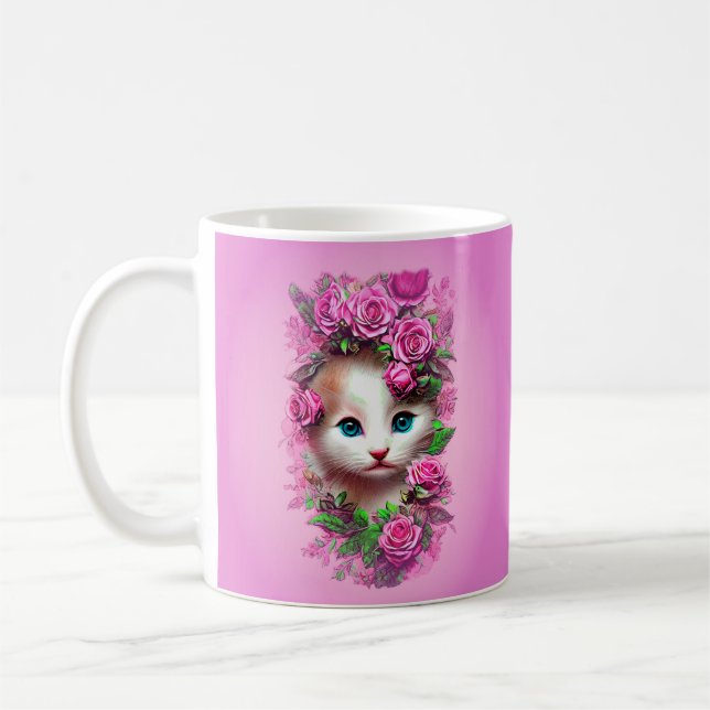 Caneca De Café Gatinho Chique bonito com rosas cor-de-rosa (Esquerda)