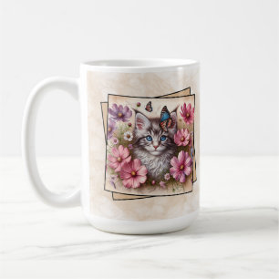 Caneca De Café Gatinho Cinza Floral