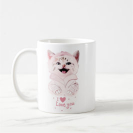 Caneca De Café Gatinho Cor-De-Rosa "Eu ❤️ Te Amo" Gato Adorável P