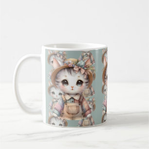 Caneca De Café Gatinho Cottagecore com Macacão e Chapéu de Palha