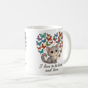 Caneca De Café Gatinho de Cinza giro com borboletas coloridas