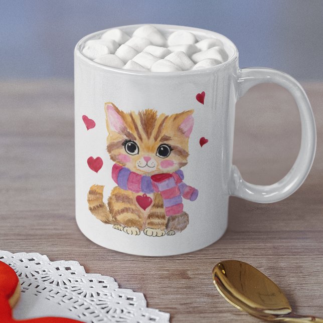Caneca De Café Gatinho de Dia de os namorados de Aquarela (Criador carregado)