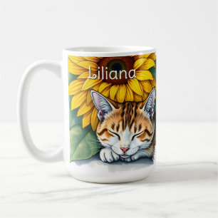 Caneca De Café Gatinho Doce Sonolento e Girassóis Personalizado
