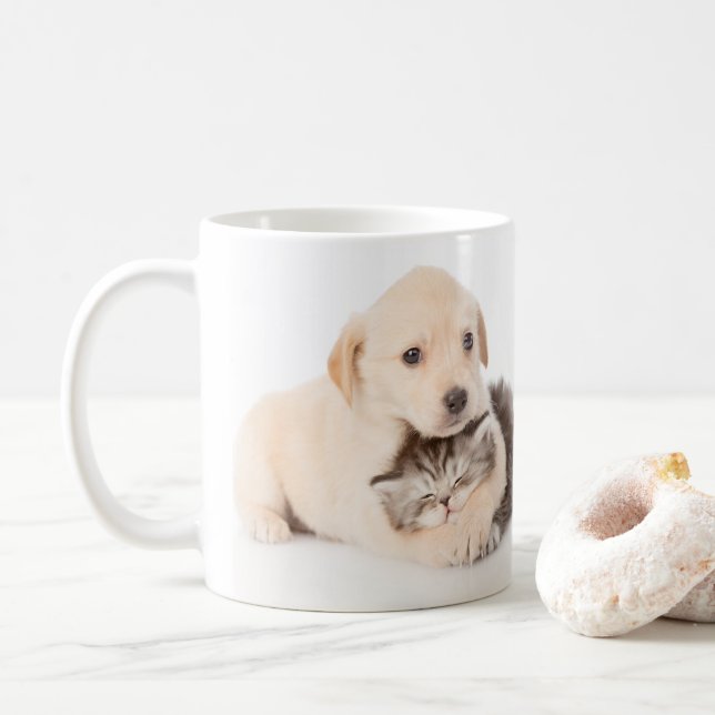 Caneca De Café gatinho dorme nas mãos do cachorro (Com Donut)