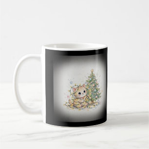 Caneca De Café Gatinho Enroscado em Luzes de Natal