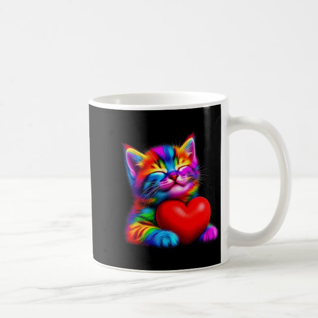 Caneca De Café Gatinho Fofo Arco-Íris Abraçando Coração de Valent (Direita)