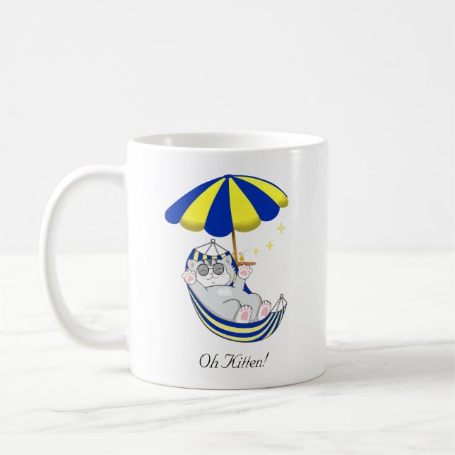 Caneca De Café Gatinho Fofo em Rede Azul e Amarela (Esquerda)