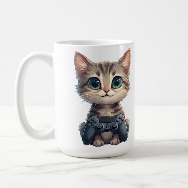 Caneca De Café Gatinho Fofo Segurando Controle de Jogo Gamer Gato (Esquerda)