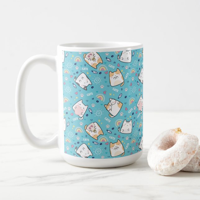 Caneca De Café Gatinho Gatinho Gato, Padrão Whimsical (Com Donut)
