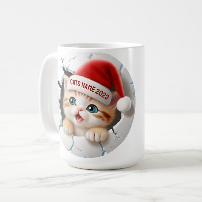Caneca De Café Gatinho giro em 3D no Papai noel do Natal (Frente Esquerda)