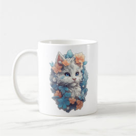 Caneca De Café Gatinho Kitty Floral Branco Fofo