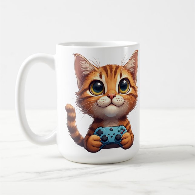 Caneca De Café Gatinho Laranja Segurando Controle de Jogo Gamer G (Esquerda)