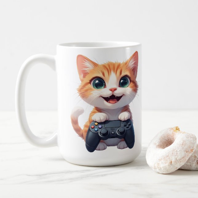 Caneca De Café Gatinho Segurando Controle de Jogo Sorriso Gamer G (Com Donut)