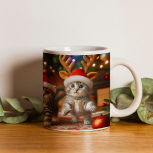 Caneca De Café Gatinhos bonitos com Papai Noel e chapéus de rena