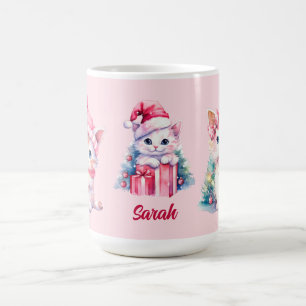 Caneca De Café Gatinhos de Natal Cor-de-Rosa Bonitos Personalizad