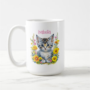 Caneca De Café Gatinhos e Flores de Cinza Personalizados