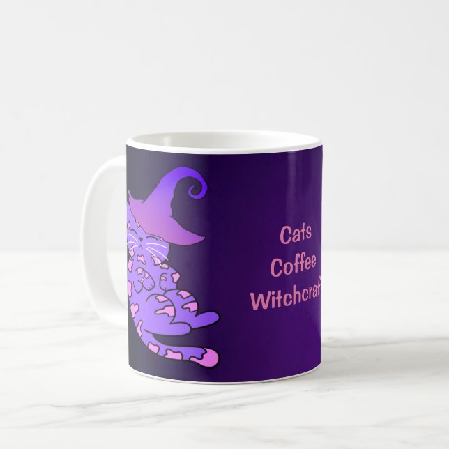 Caneca De Café Gatinhos Roxos com Chapéus e Estrelas de Bruxas (Frente Esquerda)