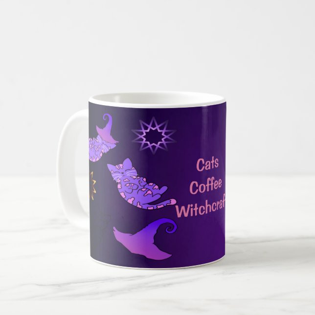 Caneca De Café Gatinhos Roxos com Chapéus e Estrelas de Bruxas (Frente Esquerda)