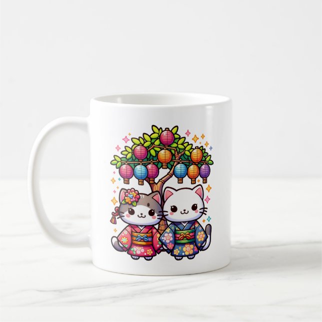 Caneca De Café Gatinhos Tanabata em Quimonos (Esquerda)