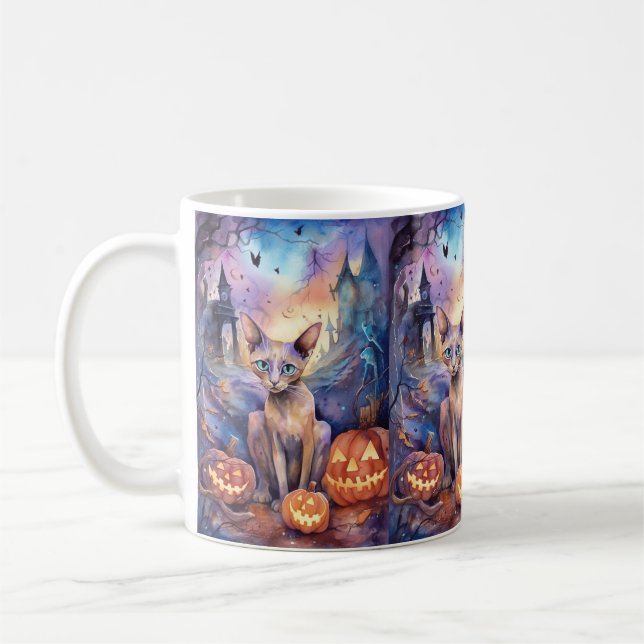 Caneca De Café Gato Abissino Do Halloween Com Pumpkins Assustado (Esquerda)