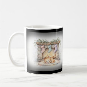 Caneca De Café Gato Aconchegante de Natal na Lareira