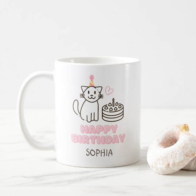 Caneca De Café Gato Adorável num Chapéu de Aniversário (Com Donut)