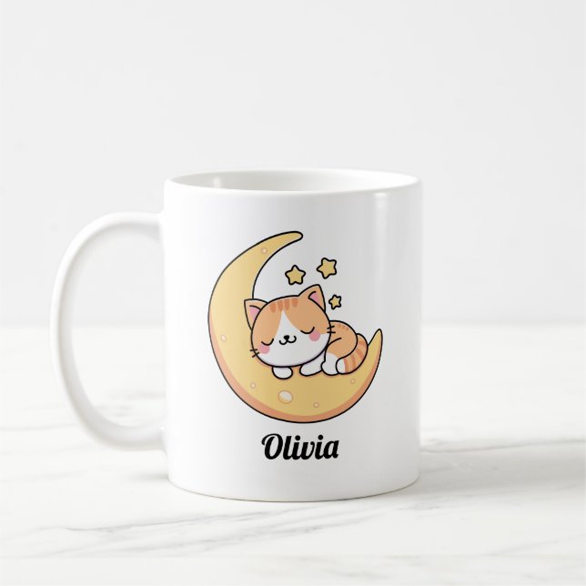 Caneca De Café Gato Adormecido Numa Lua Sonho Personalizado (Esquerda)