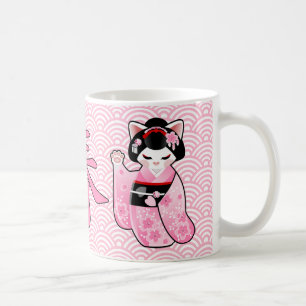 Caneca De Café Gato afortunado japonês Maiko de Kokeshi Maneki