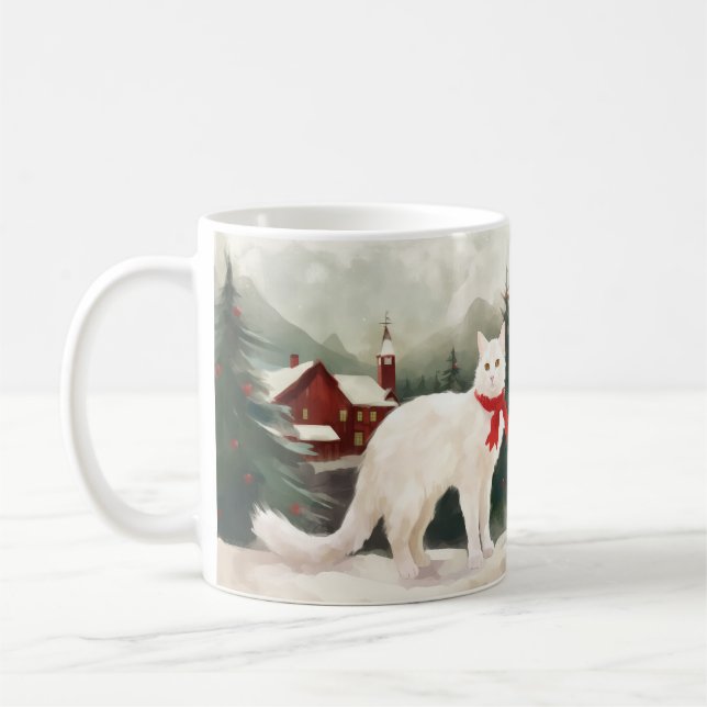 Caneca De Café Gato Angorá Turco na Neve de Natal (Esquerda)