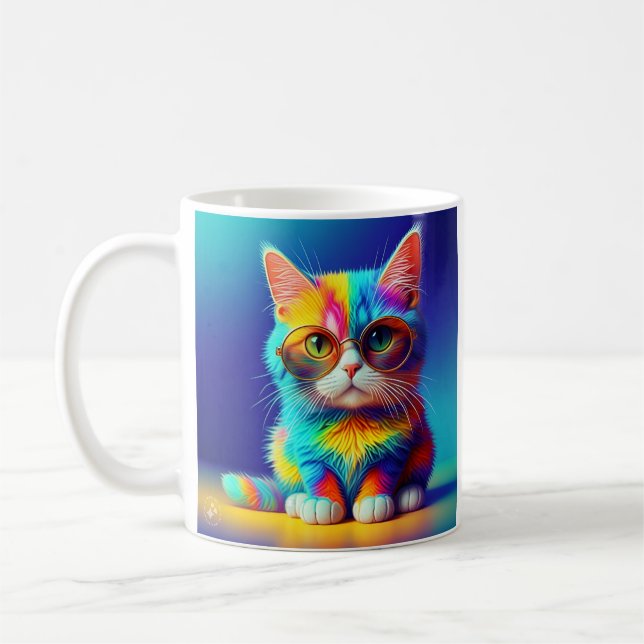 Caneca De Café Gato Arco-Íris Com Óculos Retrato-47567 (Esquerda)