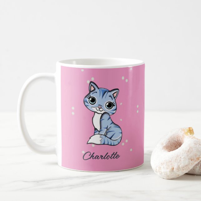 Caneca De Café Gato azul bonito com nome personalizado rosa (Com Donut)