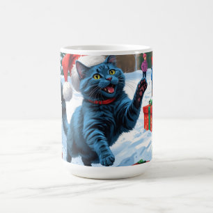 Caneca De Café Gato Azul Russo Correndo na Neve com Chapéu de Nat