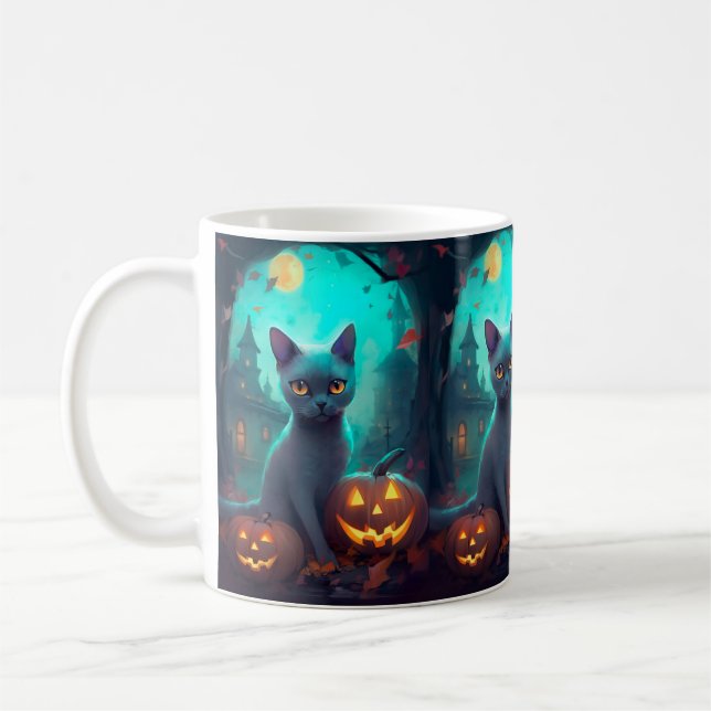 Caneca De Café Gato Azul Russo Halloween Com Pumpkins Assustado (Esquerda)