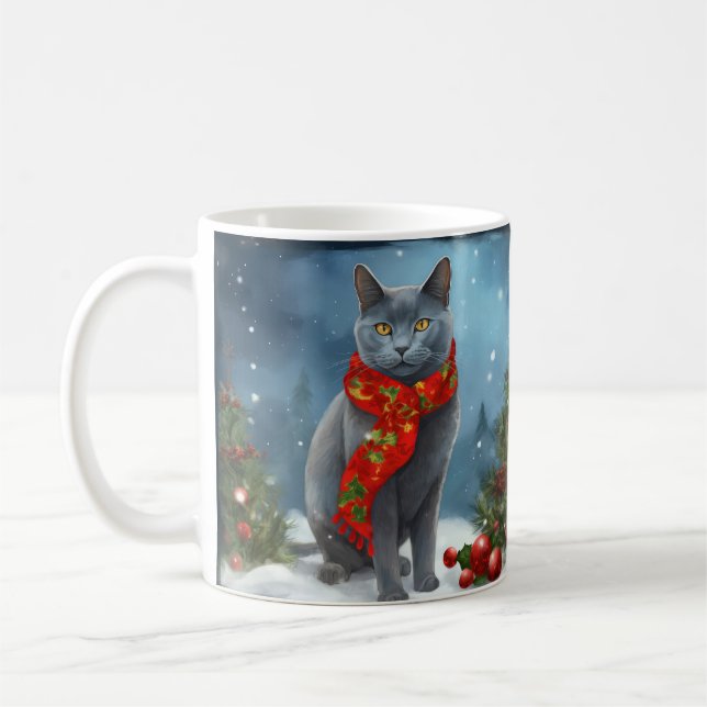 Caneca De Café Gato Azul russo no Natal da neve (Esquerda)