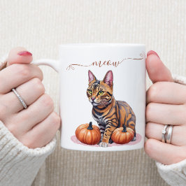 Caneca De Café Gato bengala de aquarela do Halloween com abóbora