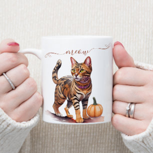 Caneca De Café Gato bengala de aquarela do Halloween com abóbora
