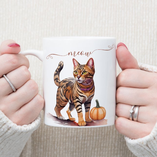 Caneca De Café Gato bengala de aquarela do Halloween com abóbora (Criador carregado)