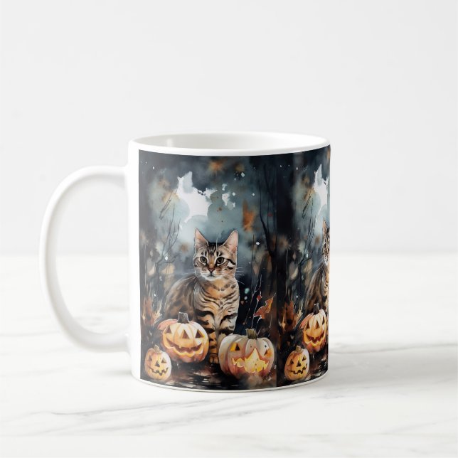 Caneca De Café Gato Bengala de Halloween com Abóboras Assustadora (Esquerda)