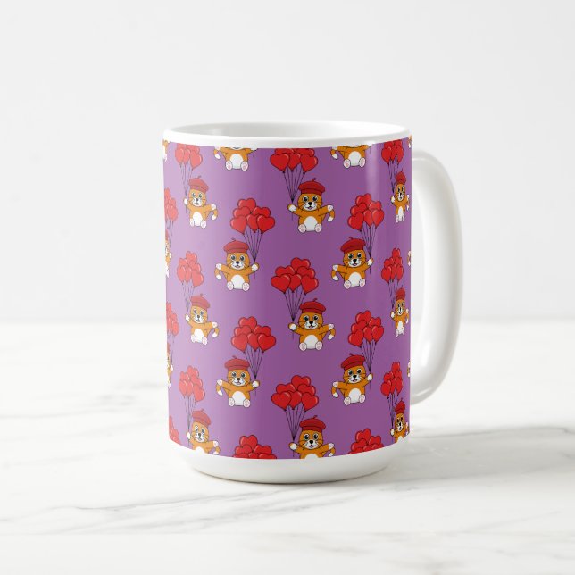 Caneca De Café Gato Bonito com Balões de Coração Vermelho (Frente Esquerda)