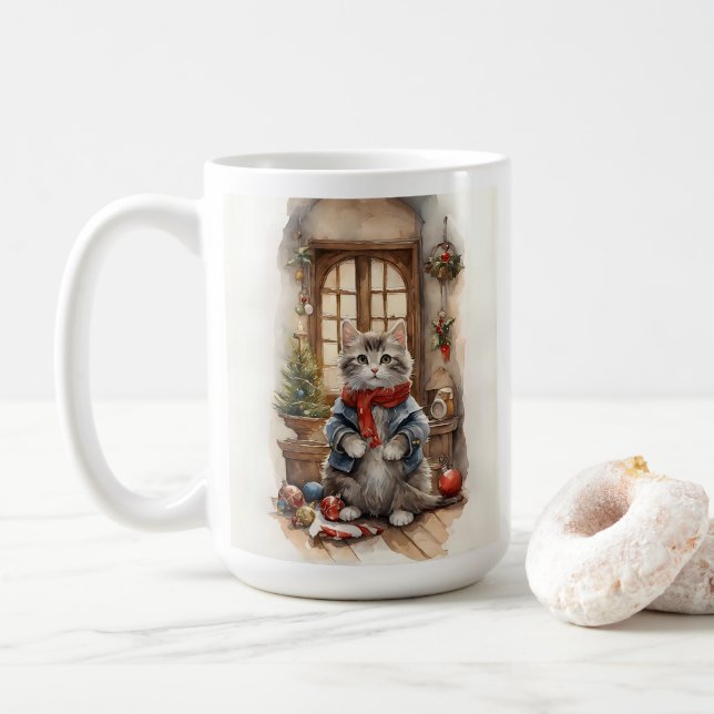 Caneca De Café Gato bonito na Jaqueta de Natal e no Scarf (Com Donut)