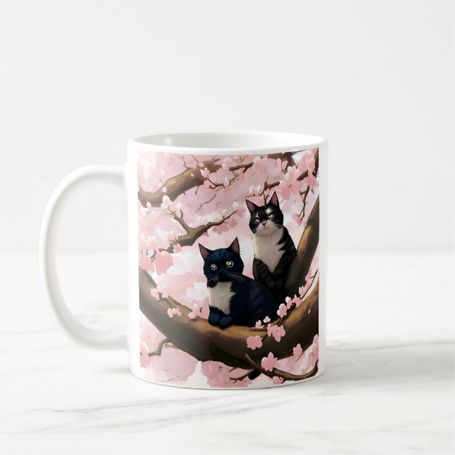 Caneca De Café Gato Bonito Numa Árvore De Flor De Cereja (Esquerda)