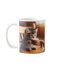 Gato bonito sentado em uma cadeira bebendo café.