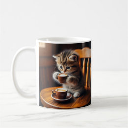 Caneca De Café Gato bonito sentado num café de bebendo de cadeira