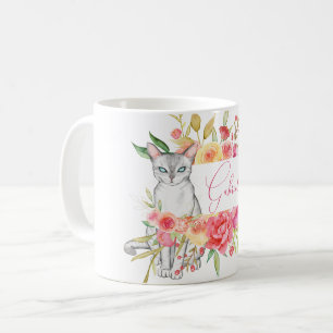 Caneca De Café Gato Branco Chic e Jardim Flor Personalizados