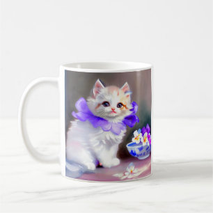 Caneca De Café Gato branco com pintura de colarinho de flores rox