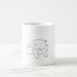 Caneca De Café Gato Branco Fofo Dormindo na Caixa Arte Desenhada