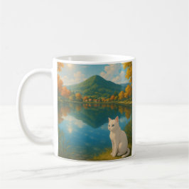 Caneca De Café Gato branco pelo lago - Serene Nature Mug para Gat