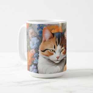 Caneca De Café Gato calico fofo e flores